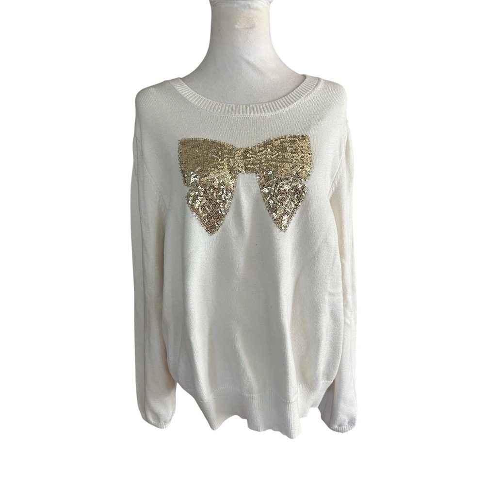 Draper James RSVP Women's Cream Sequin Bow Sweater Size 2X Coquette Soft Girl